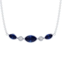 Best Gabriel & Co. 14K White Gold Marquise Shape Sapphire and Bezel Set Diamond Bar Necklace