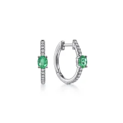 Best Gabriel & Co. 14K White Gold 15mm Diamond and Single Emerald Huggie Earrings