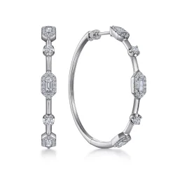 Hot Gabriel & Co. 14K White Gold 40mm Diamond Baguette and Round Station Classic Hoop Earrings