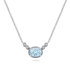 New Gabriel & Co. 14K White Gold Oval Aquamarine Pendant Necklace with Diamond Accents