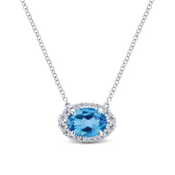 Sale Gabriel & Co. 14K White Gold Oval Blue Topaz and Diamond Halo Pendant Necklace