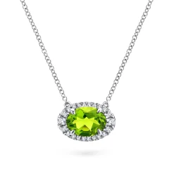 Discount Gabriel & Co. 14K White Gold Oval Peridot and Diamond Halo Pendant Necklace