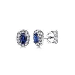 Best Gabriel & Co. 14K White Gold Oval Sapphire and Diamond Halo Stud Earrings