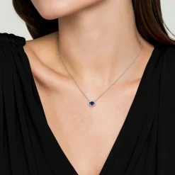Clearance Gabriel & Co. 14K White Gold Oval Sapphire and Diamond Halo Pendant Necklace