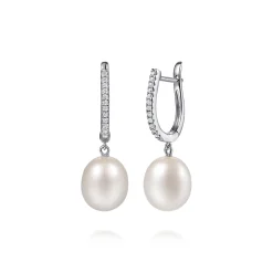 Outlet Gabriel & Co. 14K White Gold Pearl Drop Diamond Huggies