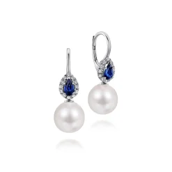 Online Gabriel & Co. 14K White Gold Pear Sapphire and Diamond Halo Earrings with Pearl Drops