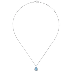Discount Gabriel & Co. 14K White Gold Pear Shape Blue Topaz and Diamond Halo Pendant Necklace