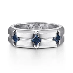 Sale Gabriel & Co. 14K White Gold Ring with Princess Cut Sapphire B quality Stations in East West Brush Finish