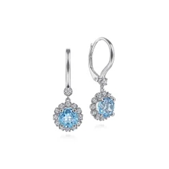 Gabriel & Co. 14K White Gold Round Blue Topaz and Diamond Halo Drop Earrings