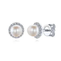 Online Gabriel & Co. 14K White Gold Round Diamond Halo Pearl Stud Earrings