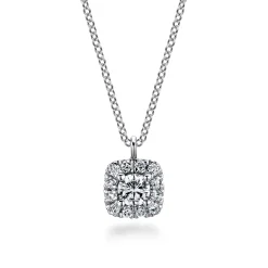 Clearance Gabriel & Co. 14K White Gold Round Diamond with Cushion Halo Pendant Necklace