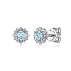 Hot Gabriel & Co. 14K White Gold Round Halo Aquamarine and Diamond Stud Earrings