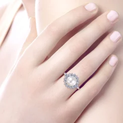 Gabriel & Co. 14K White Gold Round Pearl and Diamond Halo Ring