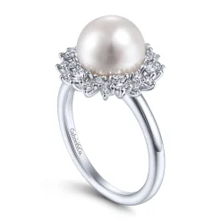 Gabriel & Co. 14K White Gold Round Pearl and Diamond Halo Ring