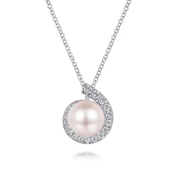Clearance Gabriel & Co. 14K White Gold Round Pearl Pendant Necklace with Diamond Halo Swirl