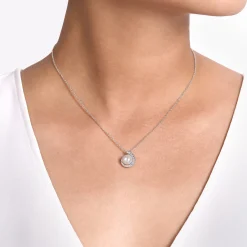 Clearance Gabriel & Co. 14K White Gold Round Pearl Pendant Necklace with Diamond Halo Swirl