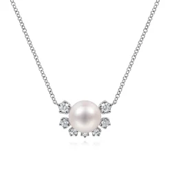 Discount Gabriel & Co. 14K White Gold Round Pearl Pendant Necklace with Diamond Accents
