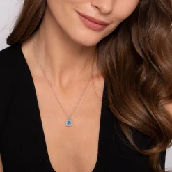 New Gabriel & Co. 14k White Gold Round Swiss Blue Topaz Diamond Halo Pendant Necklace