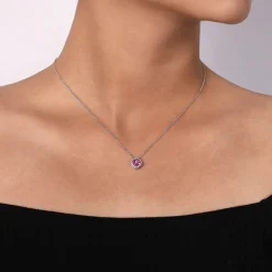 Gabriel & Co. 14K White Gold Ruby and Diamond Halo Floral Pendant Necklace