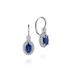 Gabriel & Co. 14K White Gold Sapphire Oval and Diamond Halo Leverback Earrings