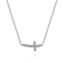 New Gabriel & Co. 14K White Gold Sideways Curved Diamond Cross Necklace
