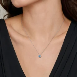 Sale Gabriel & Co. 14K White Gold Swiss Blue Topaz and Diamond Halo Pendant Necklace