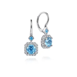 Sale Gabriel & Co. 14K White Gold Swiss Blue Topaz with Diamond Halo Leverback Earrings