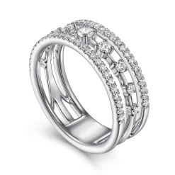 New Gabriel & Co. 14K White Gold Three Row Diamond Station Ring