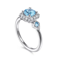 Best Gabriel & Co. 14K White Gold Three Stone Blue Topaz and Diamond Halo Ring