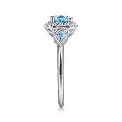 Best Gabriel & Co. 14K White Gold Three Stone Blue Topaz and Diamond Halo Ring