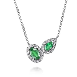 Best Gabriel & Co. 14K White Gold Toi et Moi Emerald and Diamond Halo Necklace