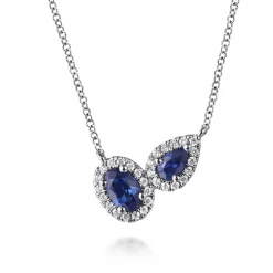 New Gabriel & Co. 14K White Gold Toi et Moi Sapphire and Diamond Halo Necklace