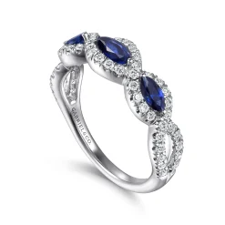 Clearance Gabriel & Co. 14K White Gold Twisted Diamond Rows and Sapphire Marquise Stones Ring