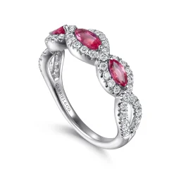 Best Gabriel & Co. 14K White Gold Twisted Diamond Rows and Ruby Marquise Stones Ring