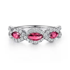 Best Gabriel & Co. 14K White Gold Twisted Diamond Rows and Ruby Marquise Stones Ring