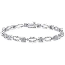 Clearance Gabriel & Co. 14K White Gold Twisted Rope Link Tennis Bracelet with Pave Diamond Cube Spacers