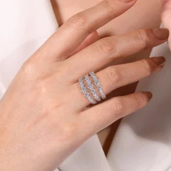 Gabriel & Co. 18K White Gold Wide Three Row Diamond Ring
