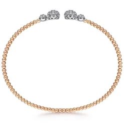 New Gabriel & Co. 14K White Rose Gold Bujukan Bead Split Cuff with Round Diamond Pave Caps