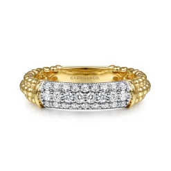 Gabriel & Co. 14K White-Yellow Gold Bujukan Bead Band with Diamond Pave Center Bar