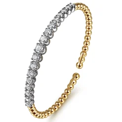 New Gabriel & Co. 14K White Yellow Gold Bujukan Beads and Graduating Diamond Split Bangle Bracelet
