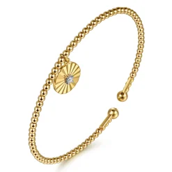 Sale Gabriel & Co. 14K White Yellow Gold Bujukan Beaded Diamond and Diamond Cut Charm Cuff Bangle Bracelet
