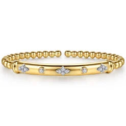 Best Gabriel & Co. 14K White Yellow Gold Bujukan Beads Diamond Clover Station Cuff Bangle Bracelet