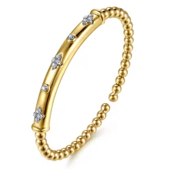 Best Gabriel & Co. 14K White Yellow Gold Bujukan Beads Diamond Clover Station Cuff Bangle Bracelet