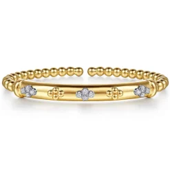 Best Gabriel & Co. 14K White Yellow Gold Bujukan Beaded and Diamond Clover Cuff Bangle Bracelet