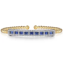Best Gabriel & Co. 14K White Yellow Gold Bujukan Diamond and Baguette Blue Sapphire Bar Split Bangle Bracelet