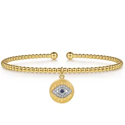 Sale Gabriel & Co. 14K White-Yellow Gold Bujukan Sapphire and Diamond Evil Eye Charm Cuff Bangle Bracelet