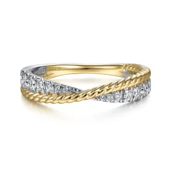Gabriel & Co. 14K White-Yellow Gold Criss Cross Diamond Anniversary Band with Twisted Rope Detail - 0.25 ct