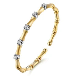 New Gabriel & Co. 14K White Yellow Gold Diamond Brush Finish Bamboo Bangle Bracelet