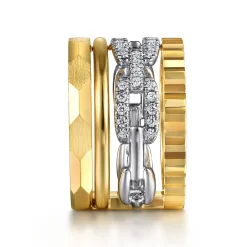 Best Gabriel & Co. 14K White Yellow Gold Diamond Cut and Link Diamond Easy Stackable Ring