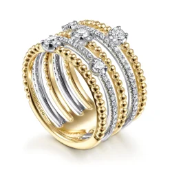 New Gabriel & Co. 14K White-Yellow Gold Five Row Bujukan Ball and Diamond Station Ring